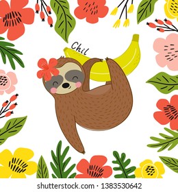 Fresh summer print with cute vector Sloth. Hot print with t-shirt. Tropical sloth on on vacation.