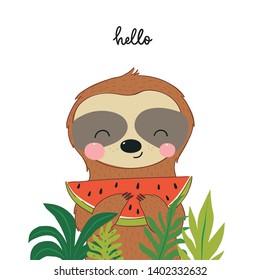 Fresh summer print with cute vector Sloth. Hot print with t-shirt. Tropical sloth on  vacation with watermelon