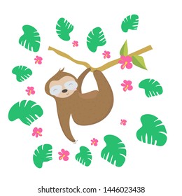 Fresh summer print with cute vector Sloth. Hot print with t-shirt. Tropical sloth on on vacation