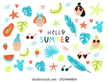 Frische Sommerkollektion im flachen Stil. Porträt von Sommermädchen, Palm, Seestern, Blätter, Bananen, Monstera, Sonnenbrillen, Zitronen, Erdbeeren, Strand, Meer 