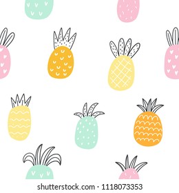 Fresh summer print with hand drawn pineapple. Seamless pattern