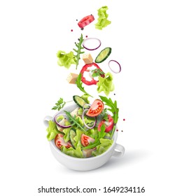 Fresh summer salad of greens and vegetables sprinkled in a deep plate. Flying salad recipe. Vector 3d realistic illustration isolated on white background.