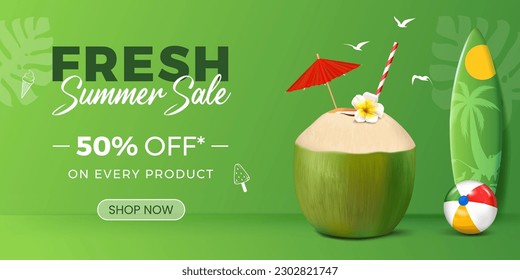 fresh summer sale banner design with coconut water illustration