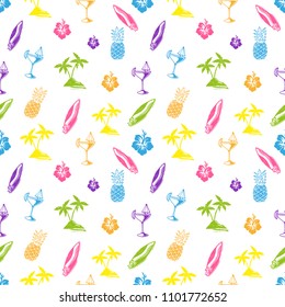 Fresh summer seamless colorful pattern set with holiday icons with cocktail, surfing board, flower, palms, pineapple. For print of textile, clothes, t shirt poster swimsuit. Modern vector illustration