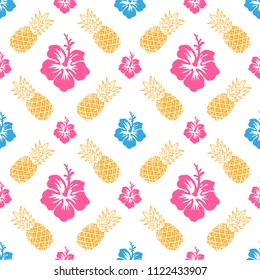 Fresh summer seamless colorful pattern set with holiday icons with Hawaii tropical flower, and fresh pineapple. For print of textile, clothes, t shirt poster swimsuit. Modern vector illustration