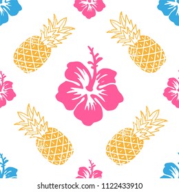 Fresh summer seamless colorful pattern set with holiday icons with Hawaii tropical flower, and fresh pineapple. For print of textile, clothes, t shirt poster swimsuit. Modern vector illustration