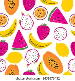 Fresh summer seamless pattern with fruits. Hand drawn papaya, watermelon, strawberry, lemon, banana, dragon fruit, passion fruit