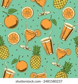 Fresh Summer Seamless Pattern Illustration with Orange ,Cocktail, and Pineaple