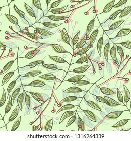 Fresh summer seamless pattern with mess of overlap light green leaves and red branches with berries. Trendy hand drawn herbs texture for textile, wrapping paper, surface, wallpaper