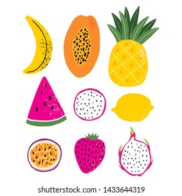 Fresh summer set with fruits. Hand drawn papaya, watermelon, strawberry, lemon, banana, dragon fruit, passion fruit