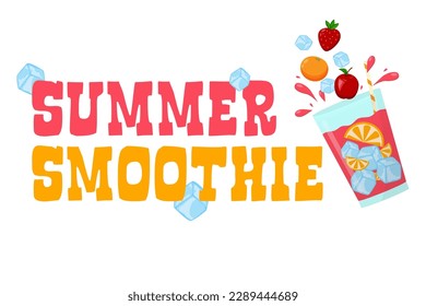 Fresh summer smoothie with orange, strawberry, red apple and ice in cartoon style. Cold summer juice or vitamin fresh