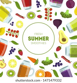 Fresh Summer Smoothies Banner Template with Organic Vegetables, Fruits and Berries Seamless Pattern, Natural Vegetarian Healthy Food, Invitation, Card, Poster or Flyer Vector Illustration