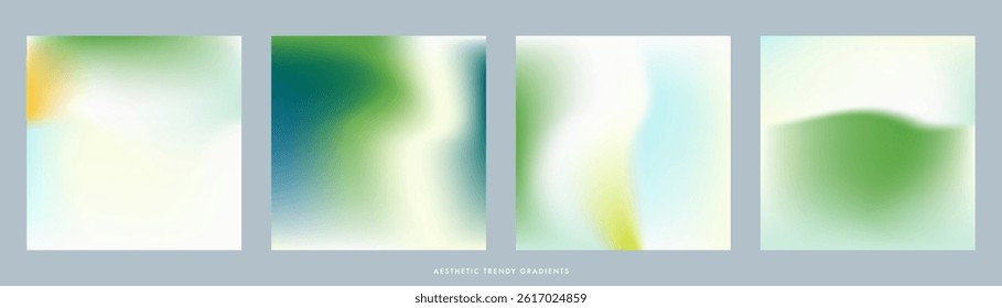 Fresh summer spring minimal gradient background set. Light green, white square vector bg. Pastel color. Simple soft abstract vector texture. Green tone design template for poster, social media, cover