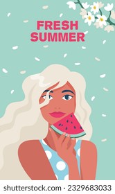 Verano fresco. Hora de verano, vacaciones, mar. Mujer con trozos de sandía. Ilustración vectorial en estilo minimalista, afiche