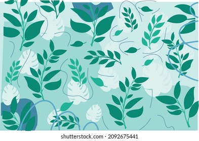 Fresh summer vector illustration.
Pattern Tropical green background with plants, leaves. Floral exotic hawaiian wallpaper summertime style.