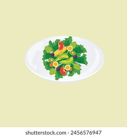 ensalada de verduras de verano, cortes de verduras para la mesa festiva. Lechuga, pepino, tomate, cebolla verde, pimiento. aislado sobre fondo amarillo.