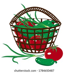 Fresh summer vegetables in a basket isolated white background.