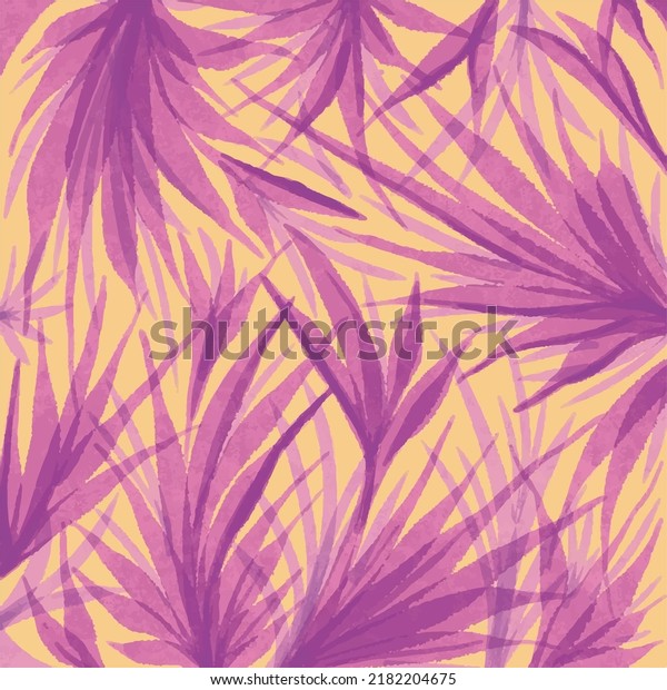 Fresh summer vibes purple leaves pattern on yellow background with contrast for banner or social media website cover title wallpaper and backdrop. Vector illustration design template