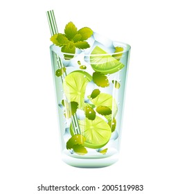 Fresh summertime citrous cocktail with lime, syrup, ice cubes, peppermint leaves and drinking straw. Realistic vector classical spring mojito illustration isolated on white background.
