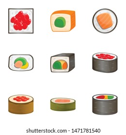 Fresh sushi roll icon set. Cartoon set of 9 fresh sushi roll vector icons for web design isolated on white background