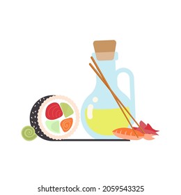 Fresh sushi roll with ingridienta and chopsticks. Traditional japanis fast food isolated on a white background. Flat Art Vector Illustration