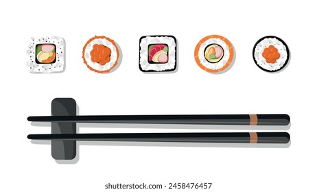 Fresh sushi rolls with salmon, tuna, avocado, rice and nori. Sushi sticks on a black ceramic base isolated on white. Traditional Japanese food. Vector flat illustration.