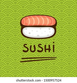 Fresh Sushi with salmon on traditional japanese background. Logo template for sushi bar menu.