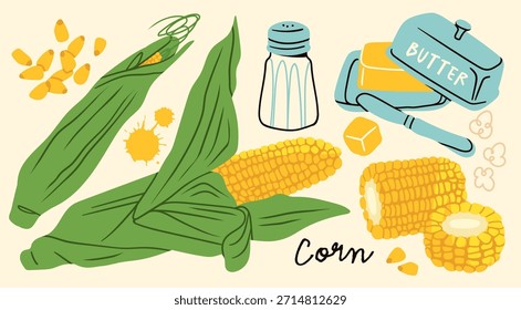 Maíz dulce fresco en la mazorca, hojas verdes, maíz deliciosamente hervido a la parrilla. Semillas de granos de maíz, salero, mantequilla, cuchillo, maíz pop. Ilustración vectorial dibujada a mano. Elementos de diseño aislados 