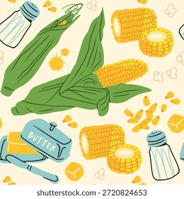 Maíz dulce fresco en la mazorca, hojas verdes, maíz deliciosamente hervido a la parrilla. Semillas de granos de maíz, salero, mantequilla, cuchillo, maíz pop. Ilustración vectorial dibujada a mano. Patrón cuadrado sin fisuras