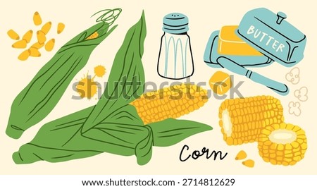 Fresh sweet Corn on the cob, green leaves, deliciously boiled, grilled corn. Corn kernels seeds, salt shaker, butter, knife, pop corn. Hand drawn Vector illustration. Isolated design elements 