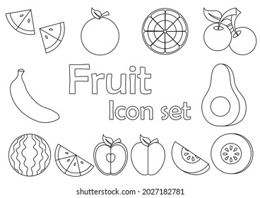 fresh and sweet fruit outline icon set, such as watermelon, orange, lemon, banana, avocado, kiwi, apple and melon