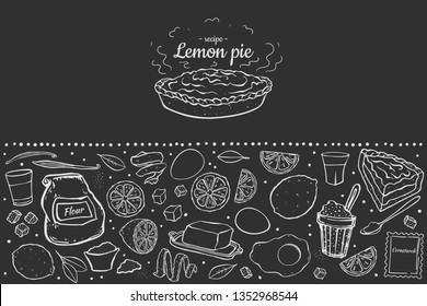 fresh sweet lemon pie isolated on black chalk board recipe for cafe menu price tag