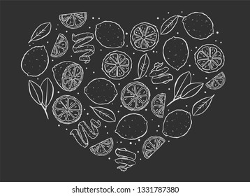 fresh sweet lemon white outline isolated on black  background in the shape of a heart