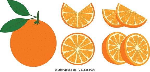 Fresh and sweet orange fruit set. Vector set of oranges with leaves, whole, half, cut and slice fruits isolated on white background, Best Orange clipart and Drawing, eps10. 