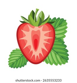Fresh sweet strawberries. Halved, sliced, cutted and whole Red berries with green leafs. Hand drawn summer strawberry trendy flat style isolated for design. Vector illustration on  white background.