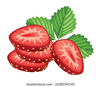 Fresh sweet strawberries. Halved, sliced, cutted and whole Red berries with green leafs. Hand drawn summer strawberry trendy flat style isolated for design. Vector illustration on  white background.