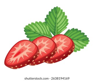 Fresh sweet strawberries. Halved, sliced, cutted and whole Red berries with green leafs. Hand drawn summer strawberry trendy flat style isolated for design. Vector illustration on  white background.