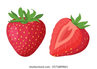 Fresh sweet strawberries. Halved and whole Red berries. Hand drawn summer strawberry trendy flat style isolated for design. Vector illustration