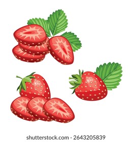 Fresh sweet strawberries set. Halved, sliced, cutted and whole Red berries with green leafs.Hand drawn summer strawberry trendy flat style isolated for design. Vector illustration on white background.