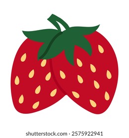 Fresh sweet strawberries are steamed. A group of two whole red berries with seeds. Hand-painted summer strawberries in a fashionable flat style, highlighted for design. Vector illustration