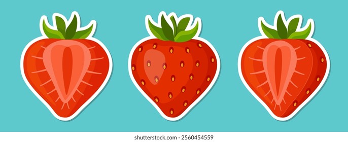 Fresh sweet strawberries sticker set. Halved and whole Red berries. Hand drawn summer strawberry trendy flat style isolated for design. Vector illustration