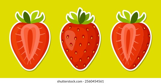 Fresh sweet strawberries sticker set. Halved and whole Red berries. Hand drawn summer strawberry trendy flat style isolated for design. Vector illustration