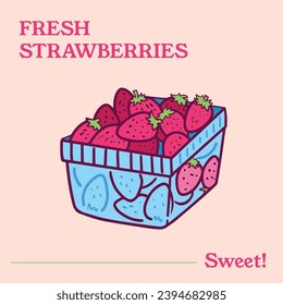 Fresh sweet strawberry pack vector illustration outlined poster design isolated on square plain pinkish light brown background. Simple flat minimalist cartoon art styled drawing.