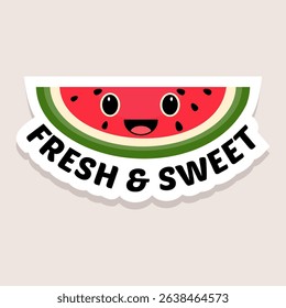 Fresh and Sweet watermelon sticker featuring cute smiling fruit design. Cheerful and vibrant sticker illustration or logo of a smiling watermelon slice with bright red flesh and green rind