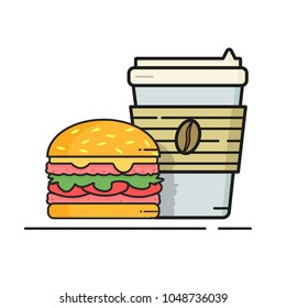 Fresh take-away coffee to go with brown bean cup and burger. Modern flat-line style vector illustration icons. 
Isolated on white background. Fast food coffee and burger. Tasty breakfast.