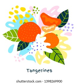 Zumo de cítricos exóticos tropicales y tigerinos frescos salpicado de alimentos orgánicos mandarinas jugosas en fondo abstracto ilustraciones dibujadas a mano