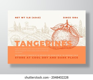 Fresh Tangerines Food Label Template. Abstract Vector Packaging Design Layout. Modern Typography Banner with Hand Drawn Citrus Fruit and Rural Landscape Background. Isolated.