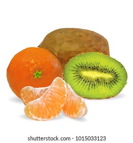 Fresh tangerines, nutritious and tasty kiwi. Symbols of fruits. Elements for label design. Vector illustration. Fruits ingredients in triangulation technique. Kiwi low poly.