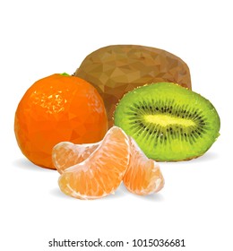 Fresh tangerines, nutritious and tasty kiwi. Symbols of fruits. Elements for label design. Vector illustration. Fruits ingredients in triangulation technique. Kiwi low poly.