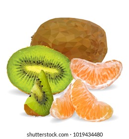 Fresh tangerines, nutritious and tasty kiwi. Symbols of fruits. Elements for label design. Vector illustration. Fruits ingredients in triangulation technique. Kiwi low poly.